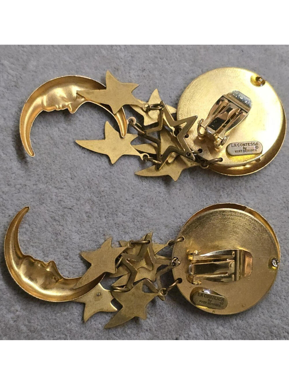 La Contessa Mary Demarco Clip Earrings Gold Tone Moon Stars Aurora Borealis - Picture 5 of 5